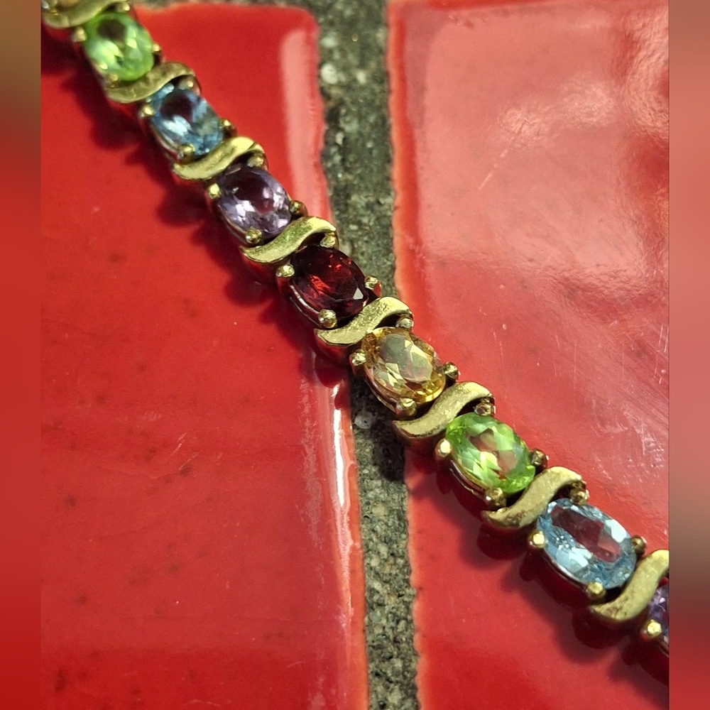 Vintage Gold Plated Sterling Silver Semi-Precious Stones Bracelet W Safety 7"
